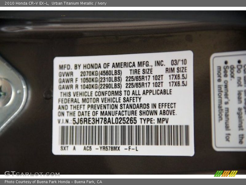 Urban Titanium Metallic / Ivory 2010 Honda CR-V EX-L