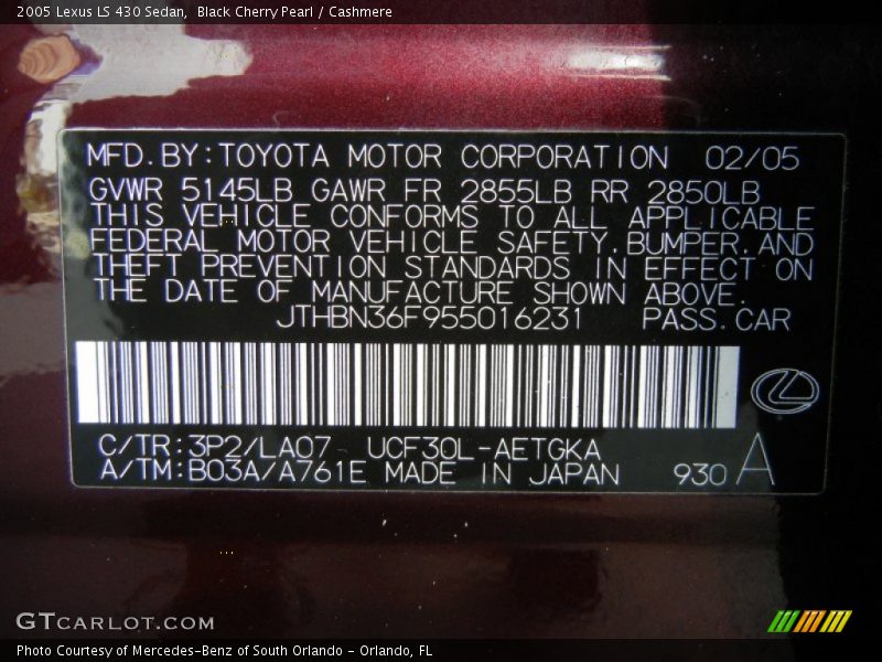 2005 LS 430 Sedan Black Cherry Pearl Color Code 3P2