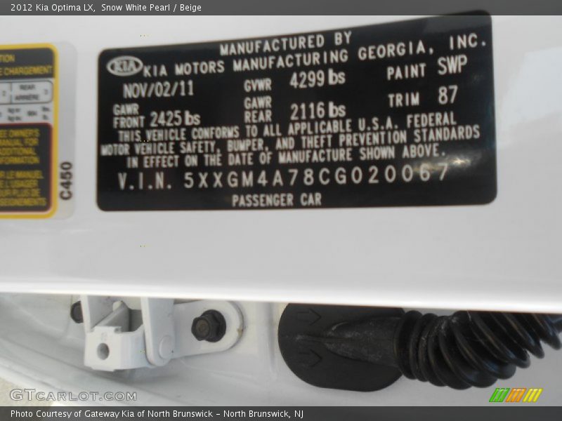 Snow White Pearl / Beige 2012 Kia Optima LX