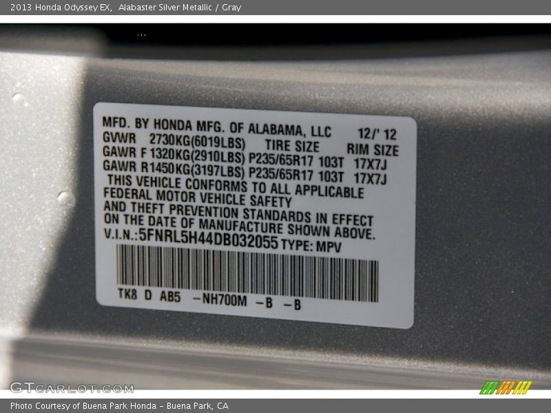 Alabaster Silver Metallic / Gray 2013 Honda Odyssey EX