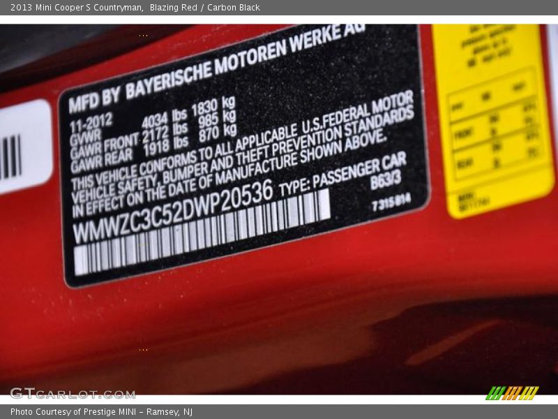 2013 Cooper S Countryman Blazing Red Color Code B63
