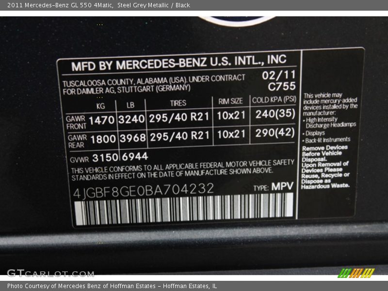 Steel Grey Metallic / Black 2011 Mercedes-Benz GL 550 4Matic