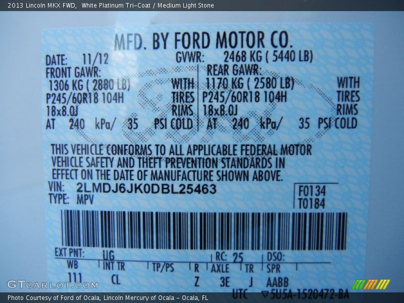 White Platinum Tri-Coat / Medium Light Stone 2013 Lincoln MKX FWD