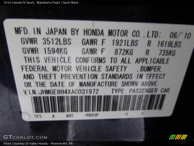 Blackberry Pearl / Sport Black 2010 Honda Fit Sport