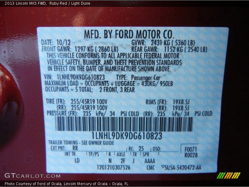 2013 MKS FWD Ruby Red Color Code RR