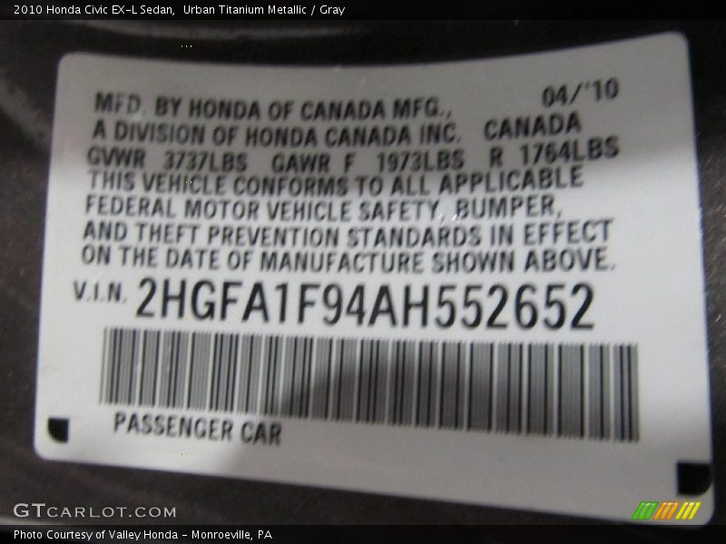 Urban Titanium Metallic / Gray 2010 Honda Civic EX-L Sedan