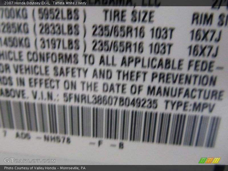 Taffeta White / Ivory 2007 Honda Odyssey EX-L
