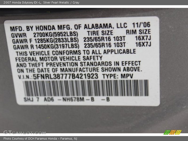 Silver Pearl Metallic / Gray 2007 Honda Odyssey EX-L