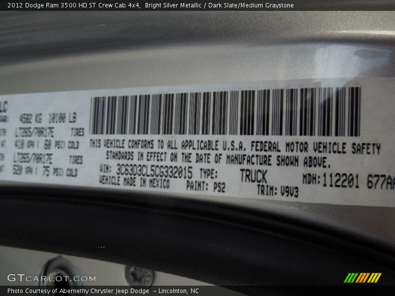 Bright Silver Metallic / Dark Slate/Medium Graystone 2012 Dodge Ram 3500 HD ST Crew Cab 4x4