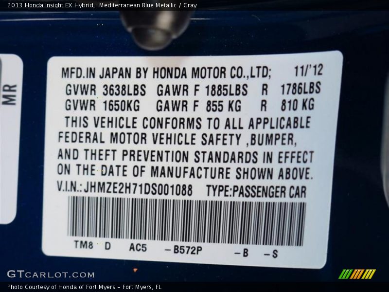 2013 Insight EX Hybrid Mediterranean Blue Metallic Color Code B572P