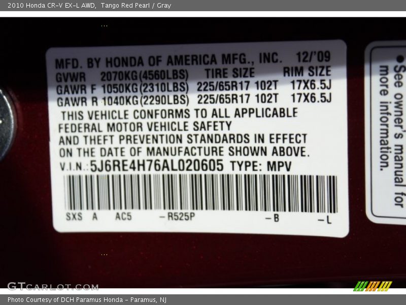 Tango Red Pearl / Gray 2010 Honda CR-V EX-L AWD