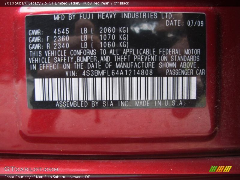 Info Tag of 2010 Legacy 2.5 GT Limited Sedan