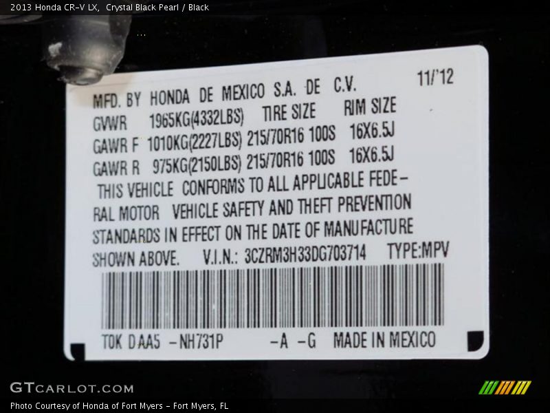 Crystal Black Pearl / Black 2013 Honda CR-V LX