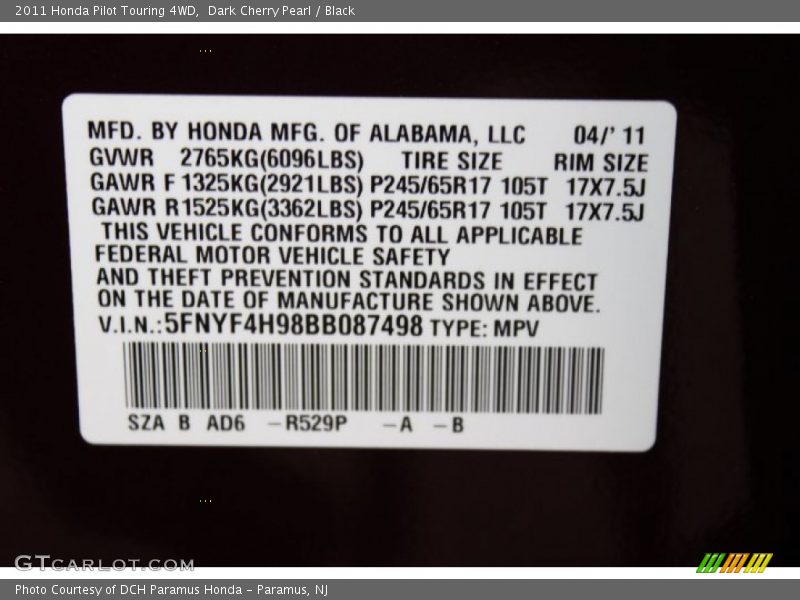 Dark Cherry Pearl / Black 2011 Honda Pilot Touring 4WD