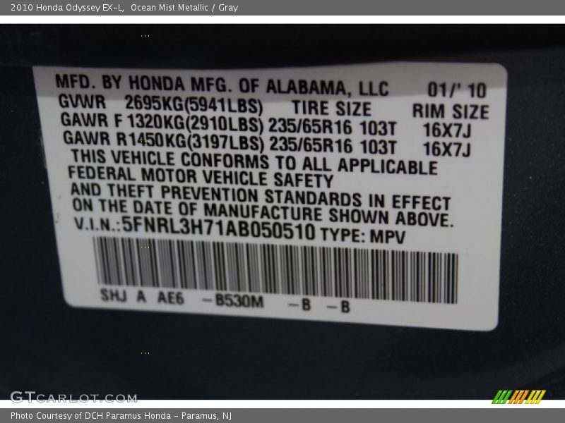 Ocean Mist Metallic / Gray 2010 Honda Odyssey EX-L