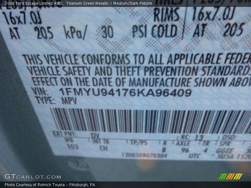Titanium Green Metallic / Medium/Dark Pebble 2006 Ford Escape Limited 4WD