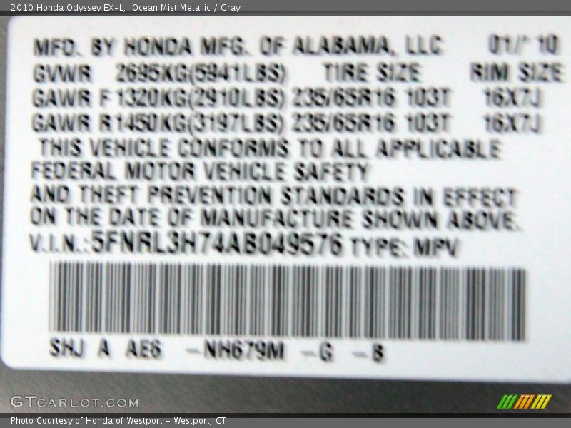 Ocean Mist Metallic / Gray 2010 Honda Odyssey EX-L
