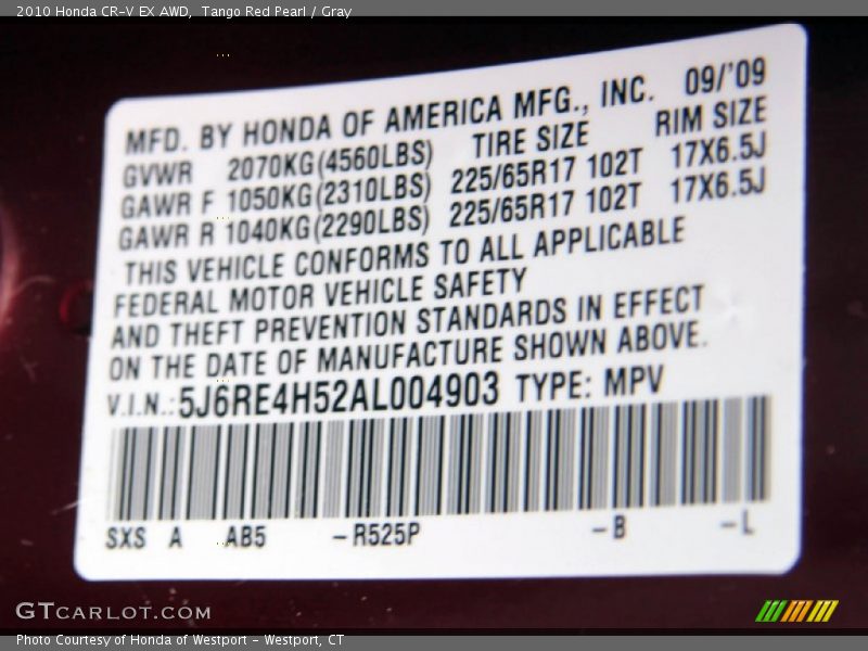 Tango Red Pearl / Gray 2010 Honda CR-V EX AWD