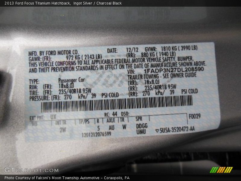 2013 Focus Titanium Hatchback Ingot Silver Color Code UX