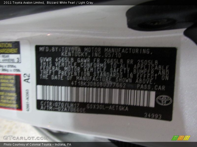 Blizzard White Pearl / Light Gray 2011 Toyota Avalon Limited