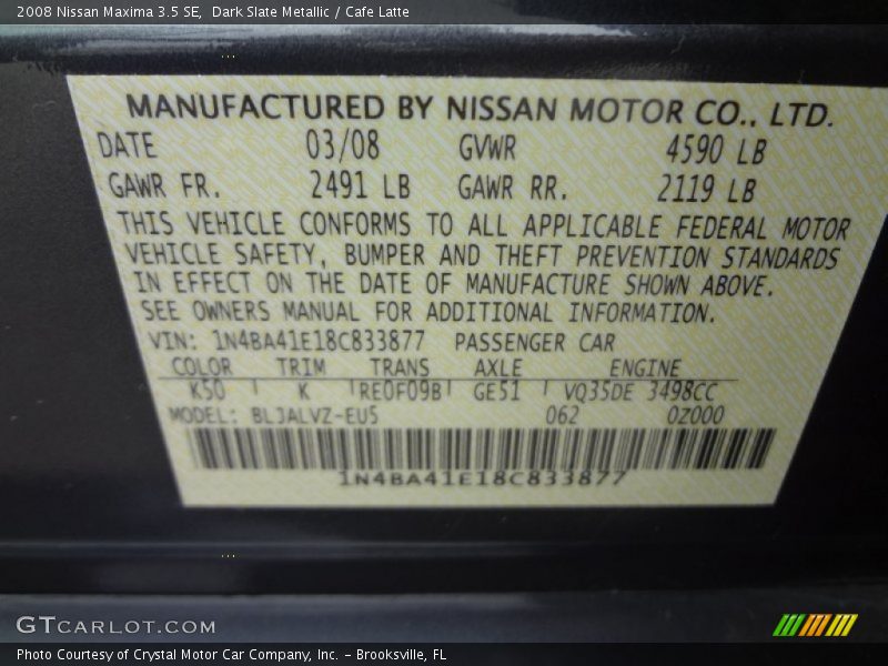 Dark Slate Metallic / Cafe Latte 2008 Nissan Maxima 3.5 SE