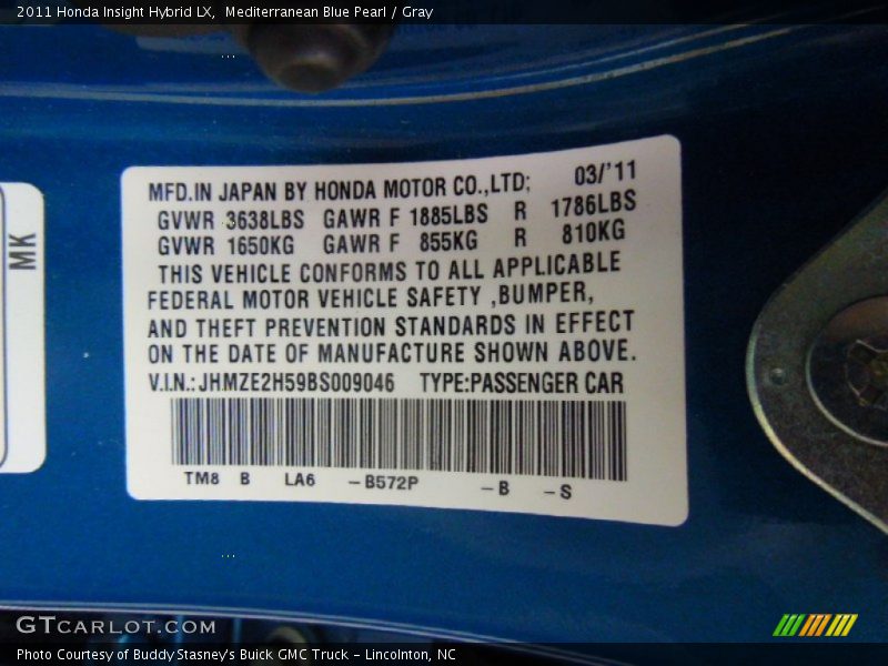 2011 Insight Hybrid LX Mediterranean Blue Pearl Color Code B572P