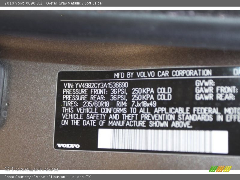 Oyster Gray Metallic / Soft Beige 2010 Volvo XC90 3.2