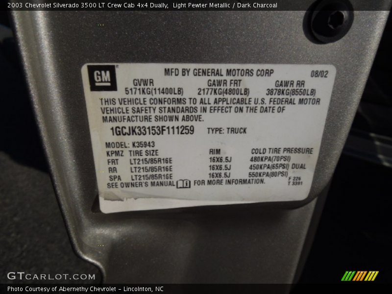 Light Pewter Metallic / Dark Charcoal 2003 Chevrolet Silverado 3500 LT Crew Cab 4x4 Dually