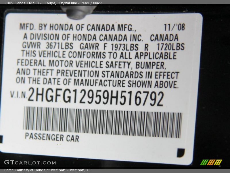Crystal Black Pearl / Black 2009 Honda Civic EX-L Coupe
