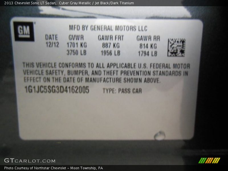 Cyber Gray Metallic / Jet Black/Dark Titanium 2013 Chevrolet Sonic LT Sedan