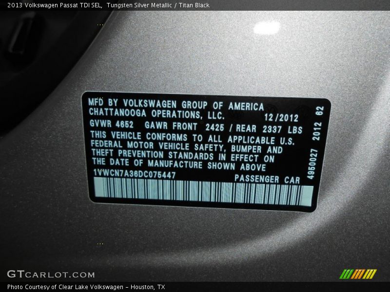 Tungsten Silver Metallic / Titan Black 2013 Volkswagen Passat TDI SEL