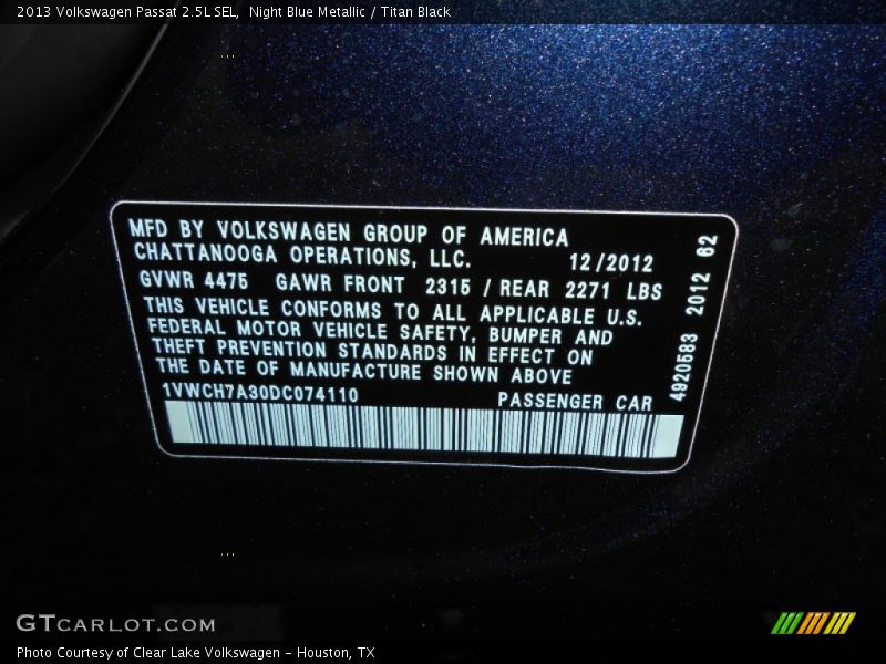 Night Blue Metallic / Titan Black 2013 Volkswagen Passat 2.5L SEL