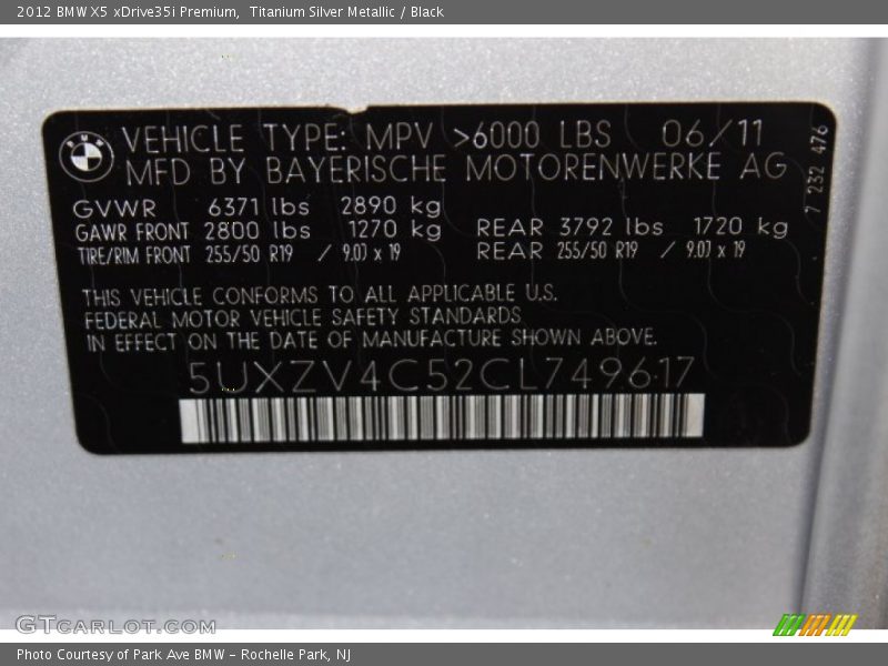 Titanium Silver Metallic / Black 2012 BMW X5 xDrive35i Premium