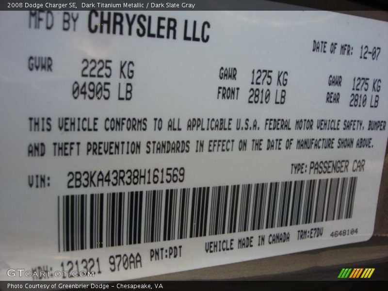 Dark Titanium Metallic / Dark Slate Gray 2008 Dodge Charger SE