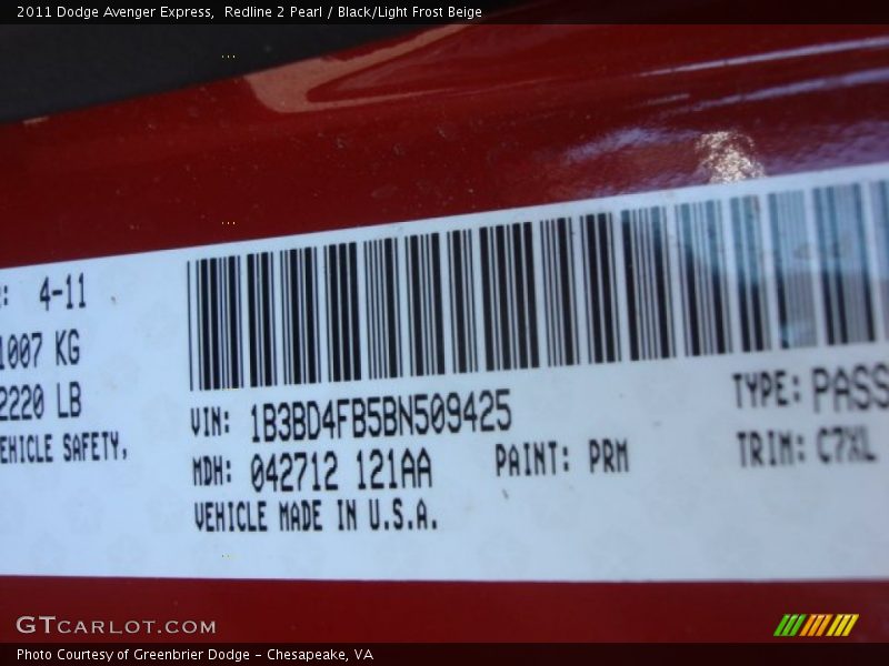 Redline 2 Pearl / Black/Light Frost Beige 2011 Dodge Avenger Express