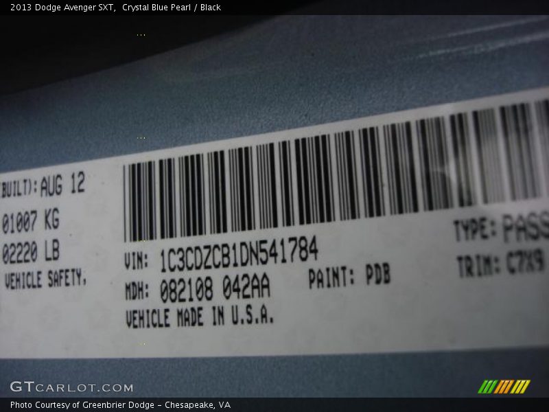Crystal Blue Pearl / Black 2013 Dodge Avenger SXT