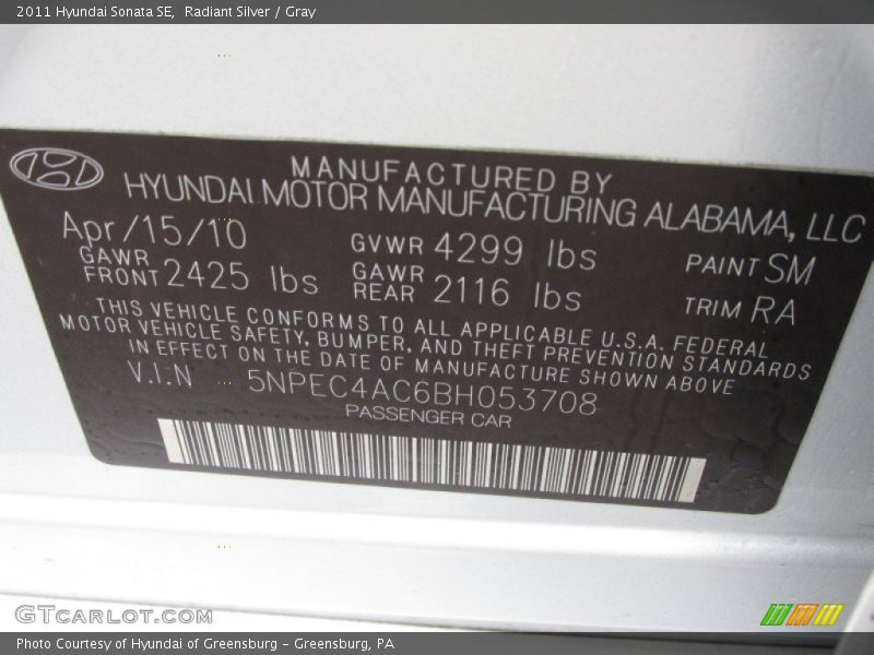 Radiant Silver / Gray 2011 Hyundai Sonata SE