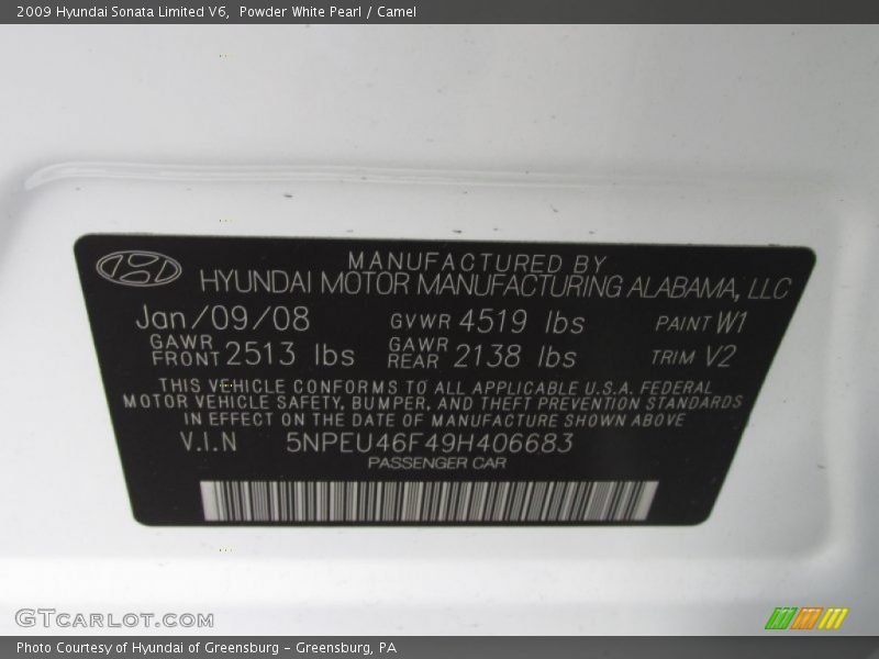 Powder White Pearl / Camel 2009 Hyundai Sonata Limited V6