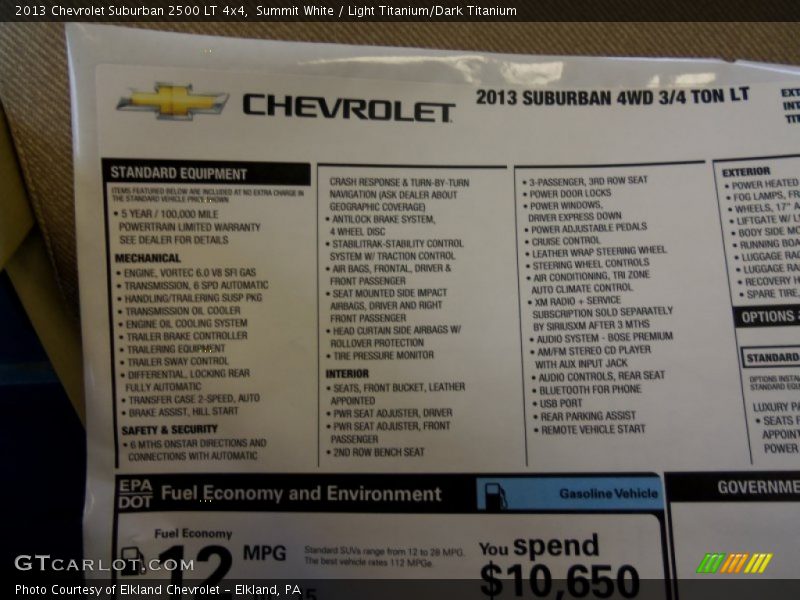  2013 Suburban 2500 LT 4x4 Window Sticker