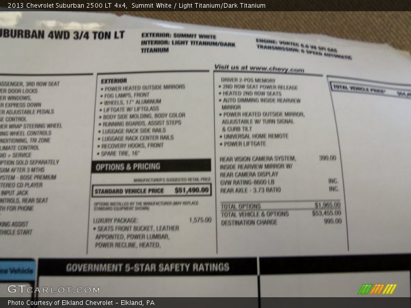  2013 Suburban 2500 LT 4x4 Window Sticker