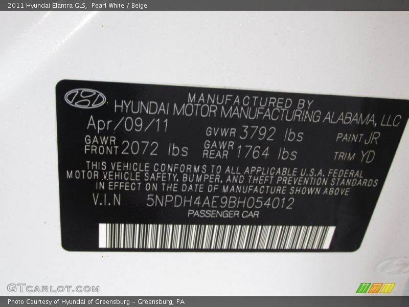Pearl White / Beige 2011 Hyundai Elantra GLS