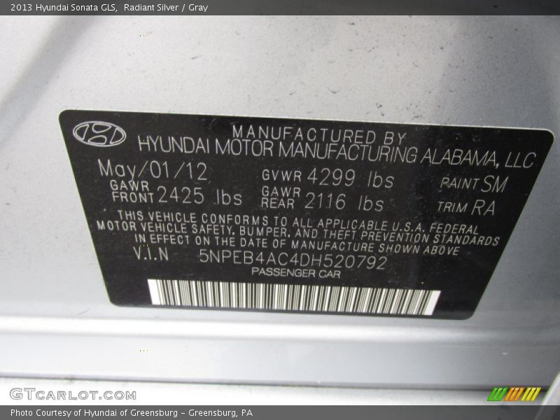 Radiant Silver / Gray 2013 Hyundai Sonata GLS