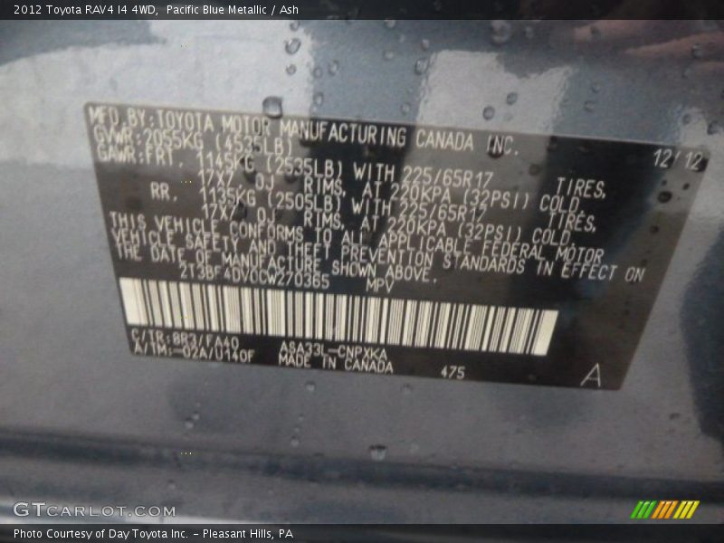 Pacific Blue Metallic / Ash 2012 Toyota RAV4 I4 4WD