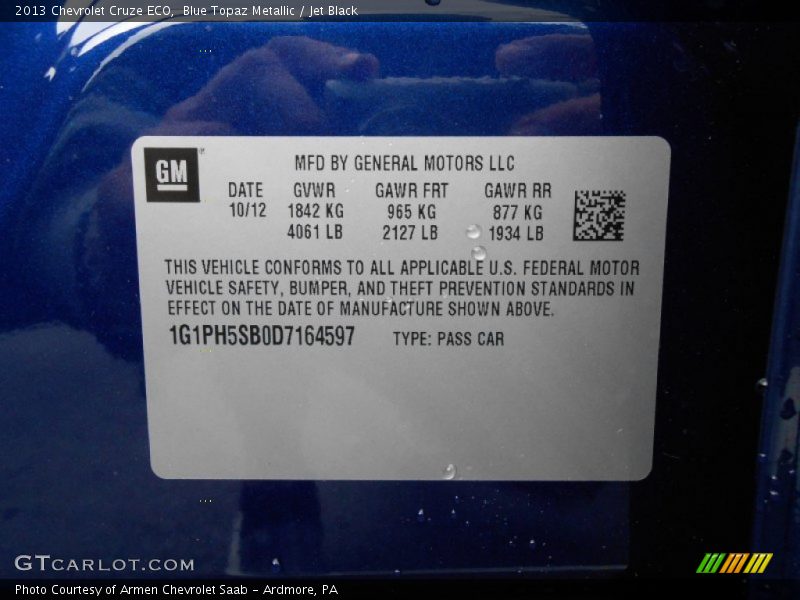 Blue Topaz Metallic / Jet Black 2013 Chevrolet Cruze ECO