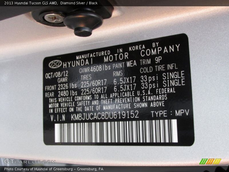 Diamond Silver / Black 2013 Hyundai Tucson GLS AWD