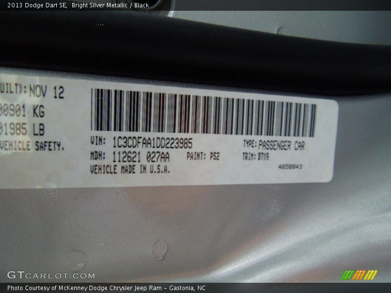 2013 Dart SE Bright Silver Metallic Color Code PS2