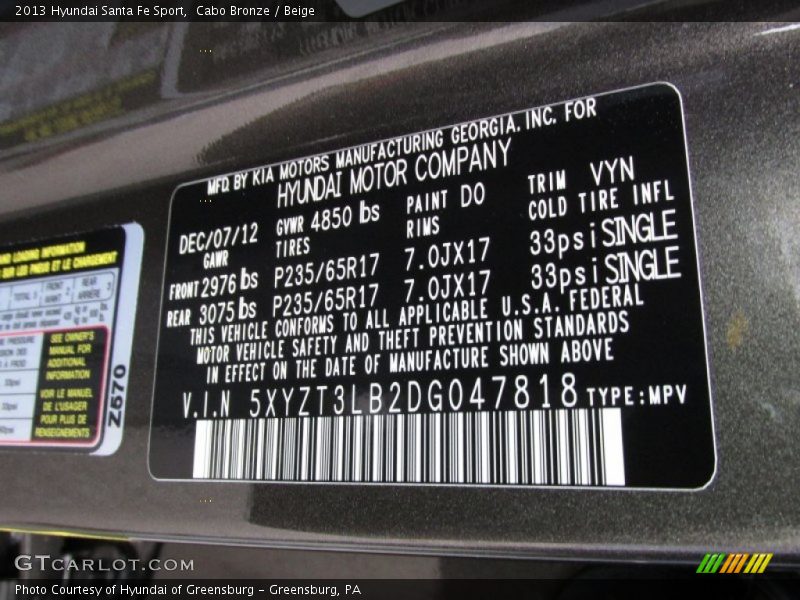 Cabo Bronze / Beige 2013 Hyundai Santa Fe Sport