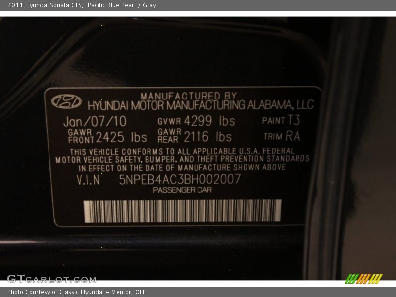 Pacific Blue Pearl / Gray 2011 Hyundai Sonata GLS