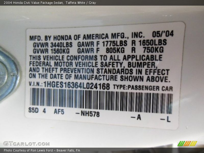 Taffeta White / Gray 2004 Honda Civic Value Package Sedan