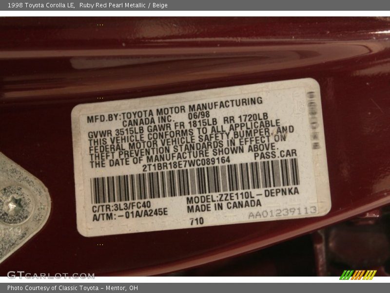 Ruby Red Pearl Metallic / Beige 1998 Toyota Corolla LE